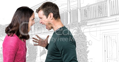 Couple argueing in front of house drawing sketch