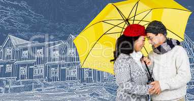 Couple under umbrella in front of house drawing sketch