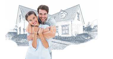 Couple hugging in front of house drawing sketch