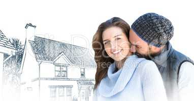 Couple hugging in front of house drawing sketch