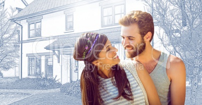 Couple hugging in front of house drawing sketch