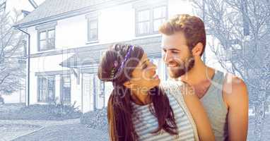 Couple hugging in front of house drawing sketch