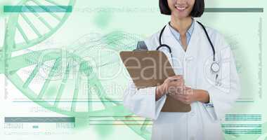 Composite image of doctor holding clipboard against grey background