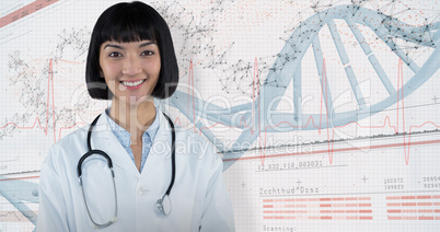 Composite image of confident doctor standing against grey background
