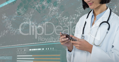 Composite image of doctor using mobile phone against grey background