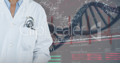 Composite image of doctor standing against grey background