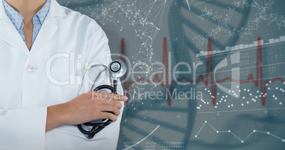 Composite image of doctor holding stethoscope against grey background