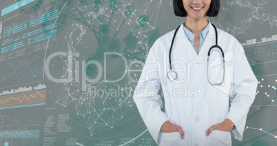 Composite image of doctor standing with hands in pocket against white background