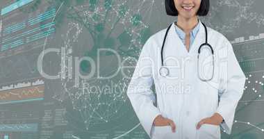 Composite image of doctor standing with hands in pocket against white background