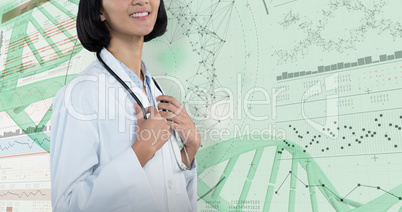 Composite image of confident doctor standing against grey background