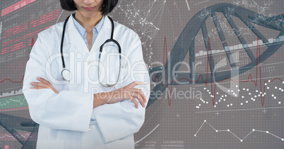 Composite image of doctor standing with arms crossed against grey background