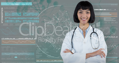 Composite image of doctor standing with arms crossed against grey background