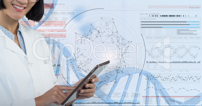 Composite image of doctor using digital tablet against white background