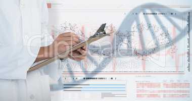Composite image of doctor writing on clipboard against white background