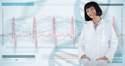 Composite image of doctor standing with hands in pocket against white background