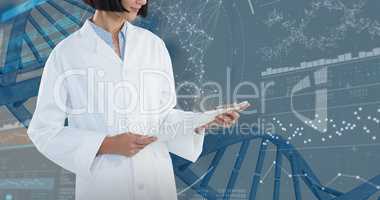 Composite image of doctor holding clipboard against white background
