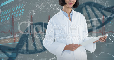 Composite image of doctor holding clipboard against white background