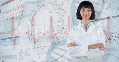 Composite image of doctor standing with arms crossed against white background
