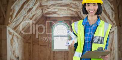 Composite image of female architect holding clipboard and blueprint against grey background