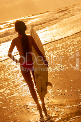 Woman Bikini Surfer & Surfboard Sunset Beach