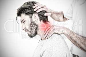 Composite image of side view of a man getting the neck adjustment done