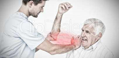 Composite image of physiotherapist assisting senior man to stretch his hand