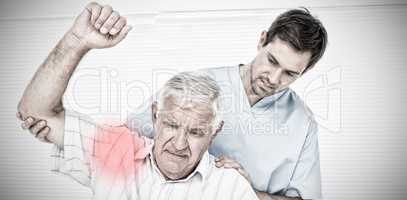 Composite image of male physiotherapist assisting senior man to raise hand