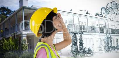 Composite image of female architect in hard hat looking away against white background