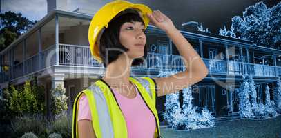 Composite image of female architect in hard hat looking away against white background