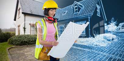 Composite image of female architect looking at blueprint against white background
