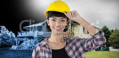 Composite image of female architect in hard hat standing against white background