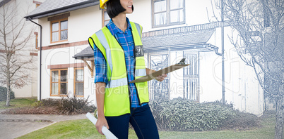 Composite image of female architect holding clipboard and blueprint against grey background