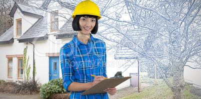 Composite image of female architect writing on clipboard against grey background