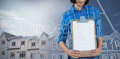 Composite image of architect holding clipboard against grey background