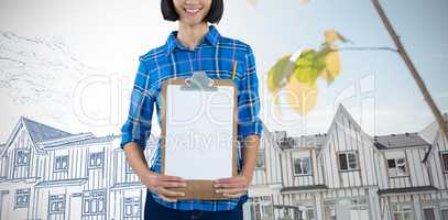 Composite image of female architect holding clipboard against grey background