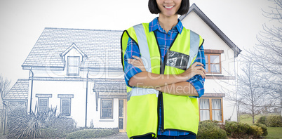 Composite image of female architect standing with arms crossed against grey background