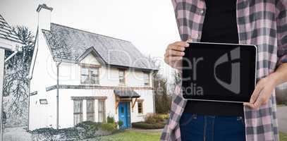 Composite image of female architect showing digital tablet against white background