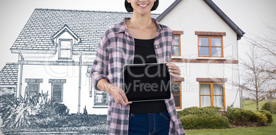 Composite image of smiling female architect showing digital tablet against white background