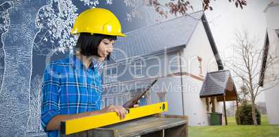 Composite image of female architect measuring plywood with engineer scale