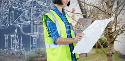 Composite image of female architect looking at blueprint against grey background