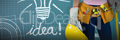 Composite image of woman with tool belt and holding hard hat against grey background