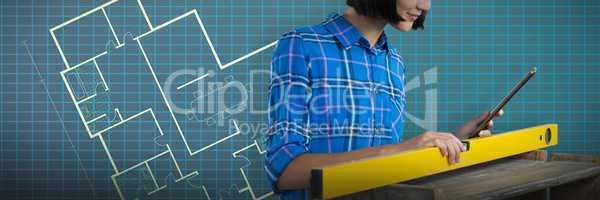 Composite image of female architect measuring plywood with engineer scale