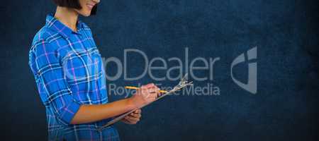 Composite image of female architect writing on clipboard against grey background