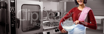Composite image of smiling female chef mixing flour in bowl with whisk