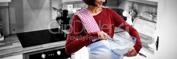 Composite image of female chef mixing flour in bowl with whisk