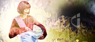 Composite image of female chef mixing flour in bowl with whisk