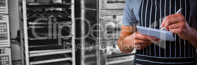 Composite image of male waiter taking order