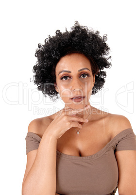 Portrait of woman with fussy black hair
