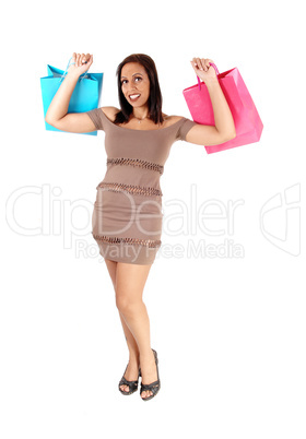 Pretty woman in dress holding her shopping bags