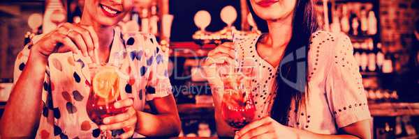 Portrait of two young women having cocktail drinks